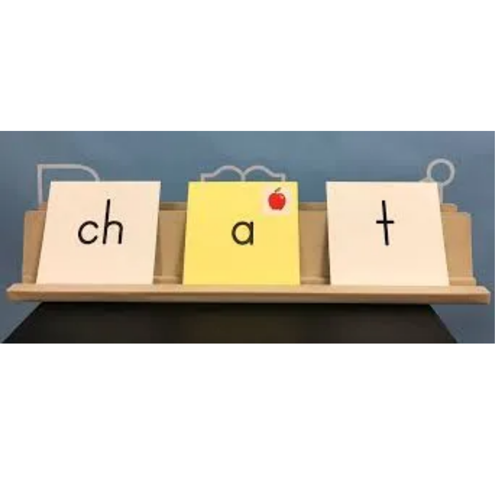 Educational flashcards on a wooden shelf, showing the sounds 'ch', 'a' with a red apple icon, and 't'.