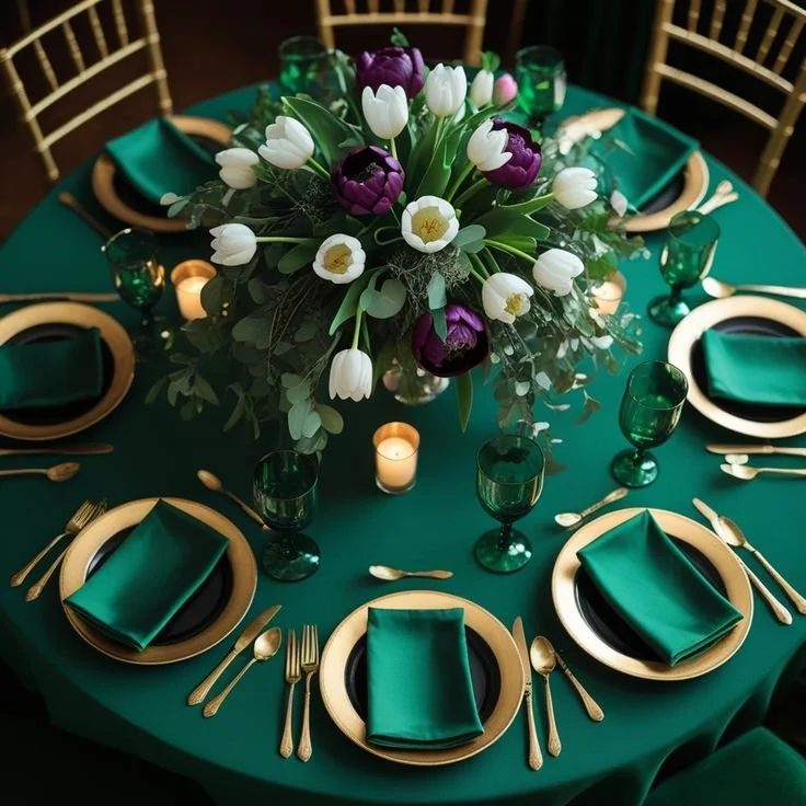 A round dining table set for a formal meal with seven place settings. Each setting has a gold charger, a black dinner plate, a teal napkin, and gold utensils. There are teal glass goblets at each setting. The centerpiece is a large floral arrangement with purple and white tulips and greenery. Small candle holders with lit candles are evenly distributed around the centerpiece. The tablecloth and napkins are dark green, and the chairs are gold with green cushions.
