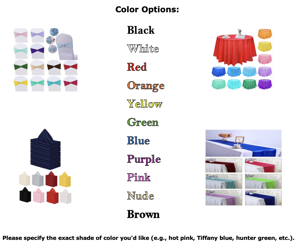Color options chart with fabric swatches and tablecloths in various colors including black, white, red, orange, yellow, green, blue, purple, pink, nude, and brown.