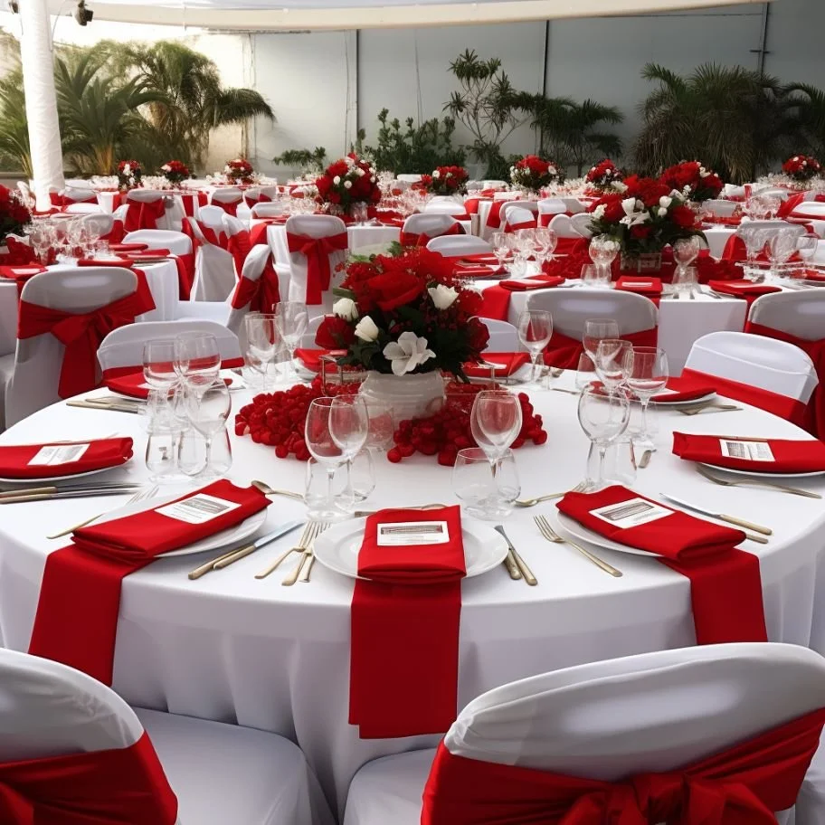 Christmas-themed banquet tables set up outdoors with white tablecloths, red napkins, and white chairs decorated with red sashes. Centerpieces feature red and white flowers and greenery.