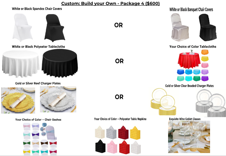 A menu for custom event decor options, including choices for chair covers, tablecloths, charger plates, chair sashes, table napkins, banquet chair covers, charger plates, goblet glasses, and a build-your-own package.