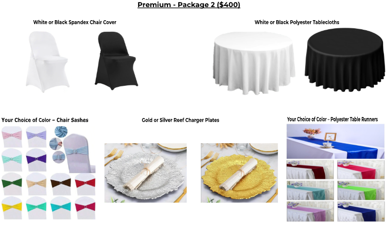 Tableware with tablecloths, chair covers, and table runners in various colors for event decoration.