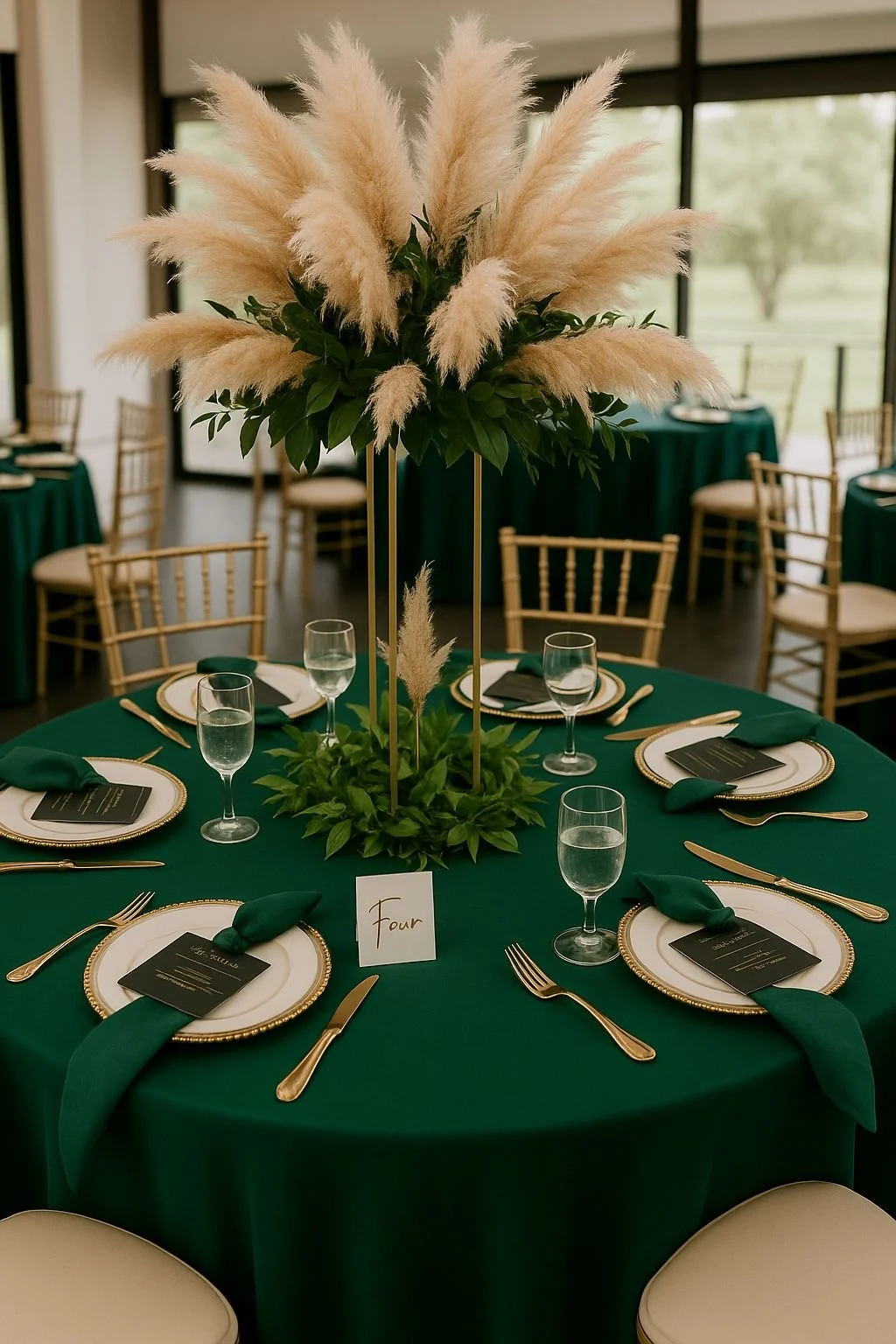 Elegant round table decorated with green tablecloth, gold-rimmed white plates, gold cutlery, dark green cloth napkins, and a black menu card at each setting. A tall centerpiece with pampas grass and green leaves dominates the table. Glasses of water are arranged at each place, and a small white card with the number four indicates the table number. The background shows additional tables with similar decor and gold chairs in a bright, spacious room.