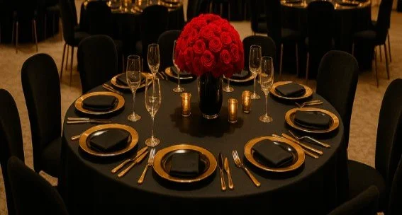 A round banquet table set for dining with seven black chairs, black plates on gold charger plates, silverware, wine glasses, and a red floral centerpiece, in a dimly lit room.