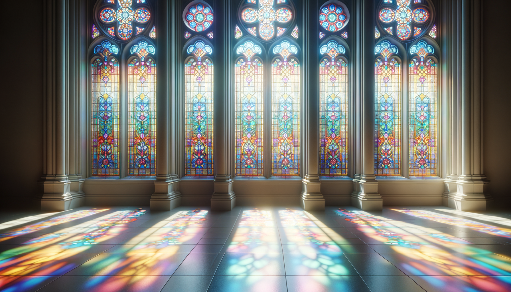 Colorful stained glass windows in a church casting multicolored light onto the tiled floor.