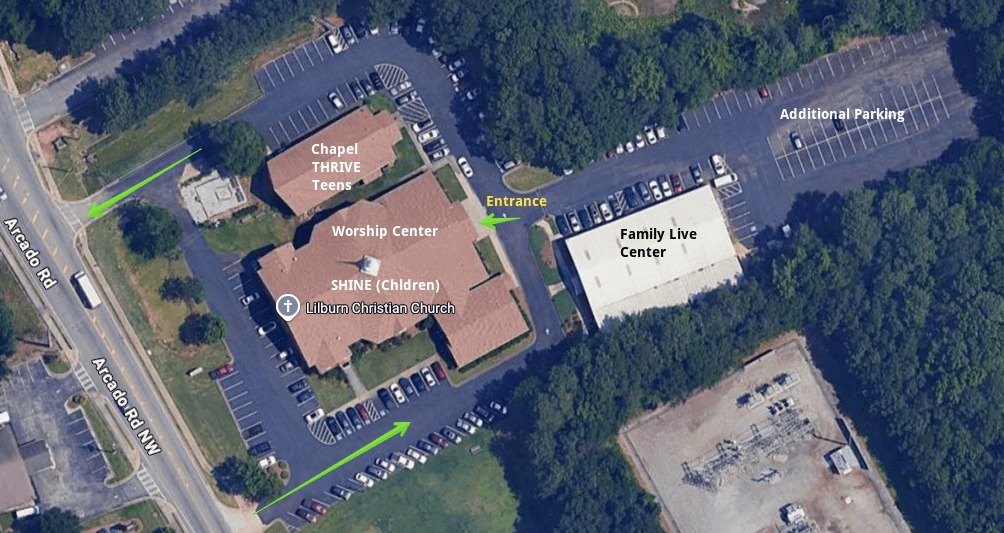Aerial view of a church complex with labeled buildings: Worship Center, Chapel THRIVE Teens, SHINE Children, and Family Live Center. There are parking lots, green trees, and roads surrounding the area, with arrows indicating the entrances and exits.