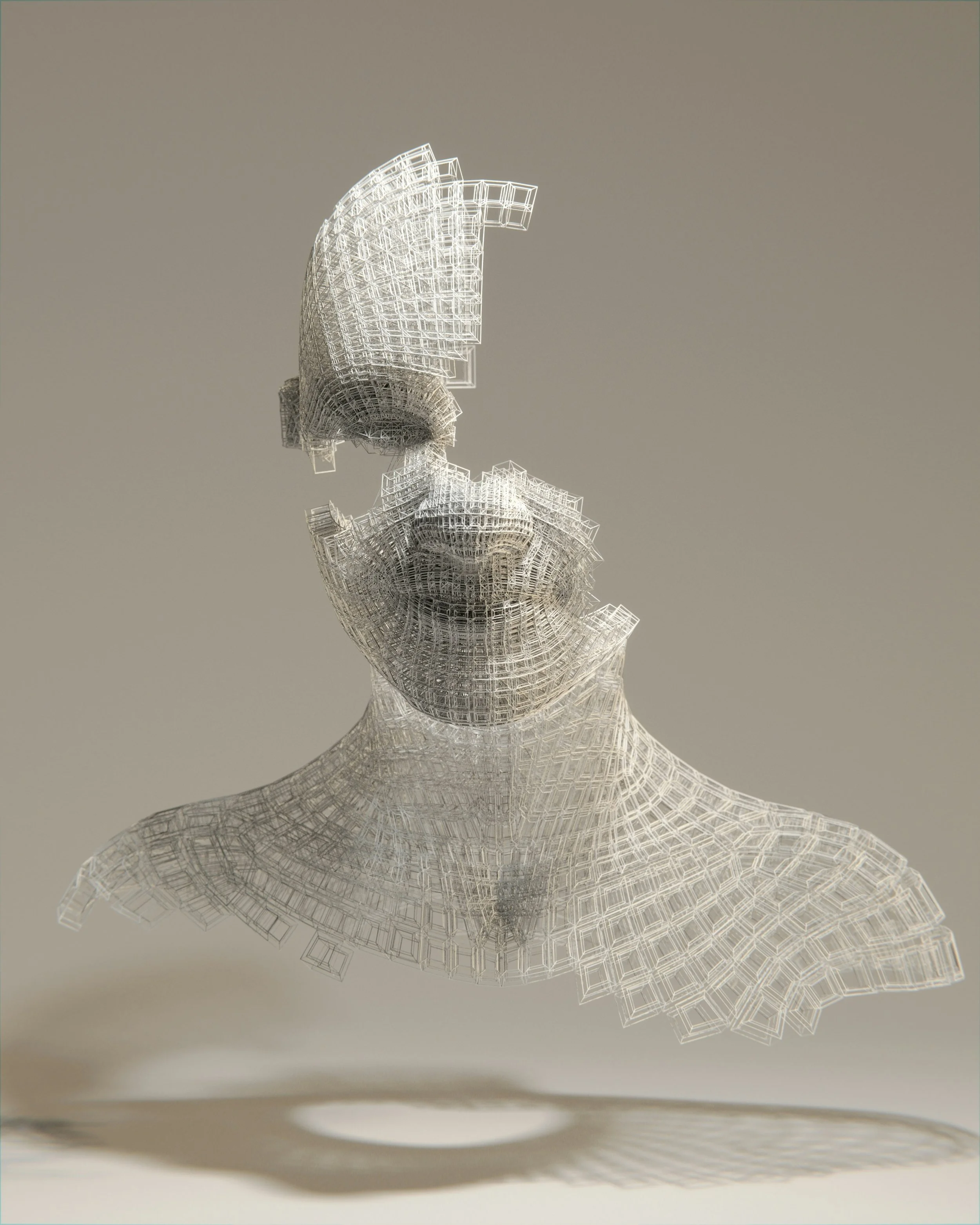 A modern sculpture of a human head made of interconnected, translucent wireframe geometric shapes, with part of the face and neck missing or abstracted.