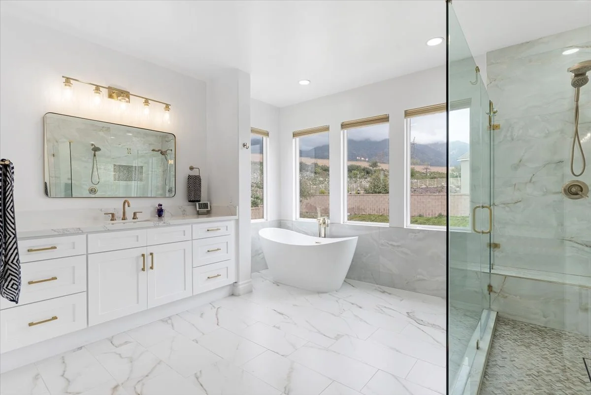 Luxury primary bathroom soaking tub mountain view real estate photography north Rancho Cucamonga CA SoCal Home Photo