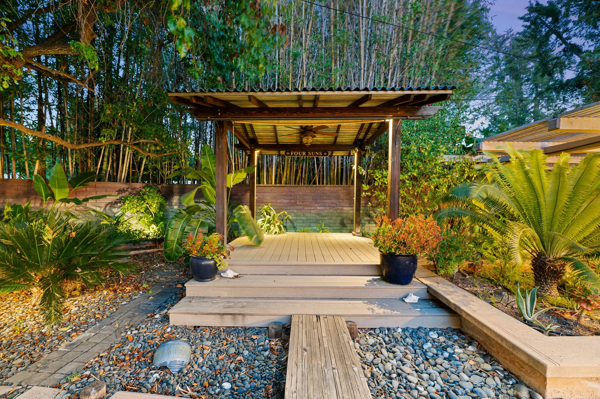 Twilight yoga pergola medium term rental Claremont CA SoCal Home Photo