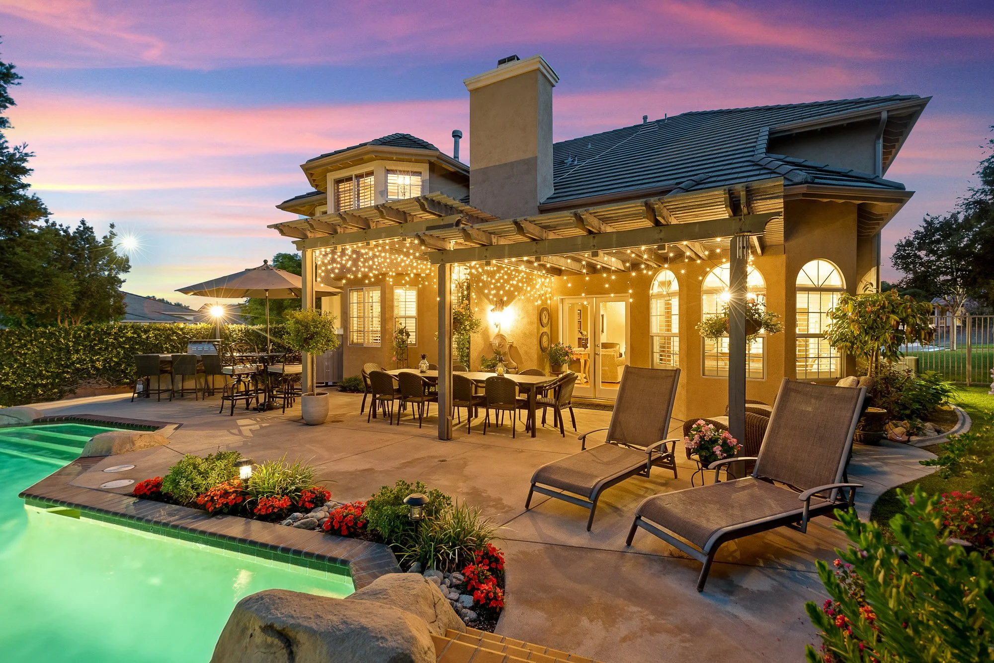 Twilight pool back exterior real estate photography Walnut CA SoCal Home Photo