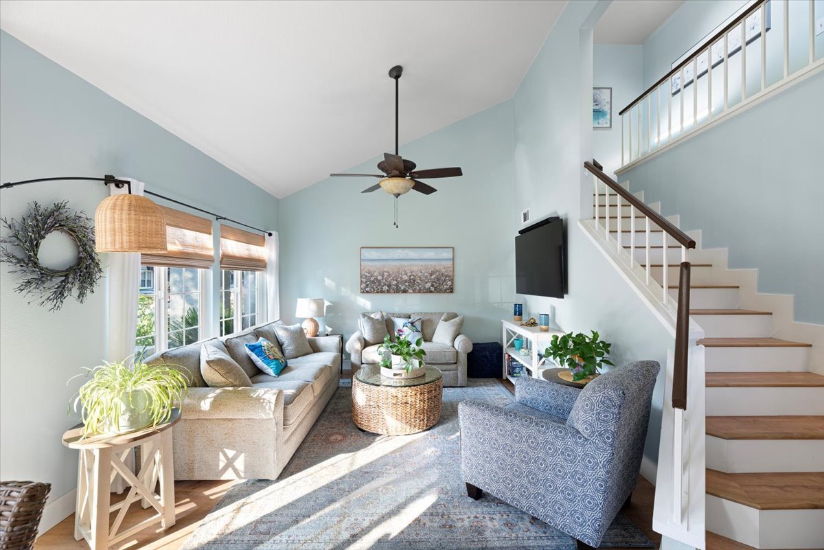 Light blue living room and staircase real estate photography Ontario CA SoCal Home Photo