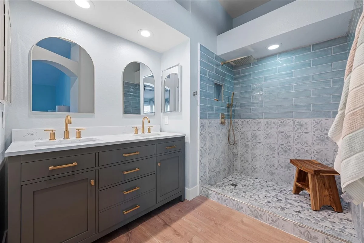Primary bathroom dual vanity walk in shower real estate photography Ontario CA SoCal Home Photo