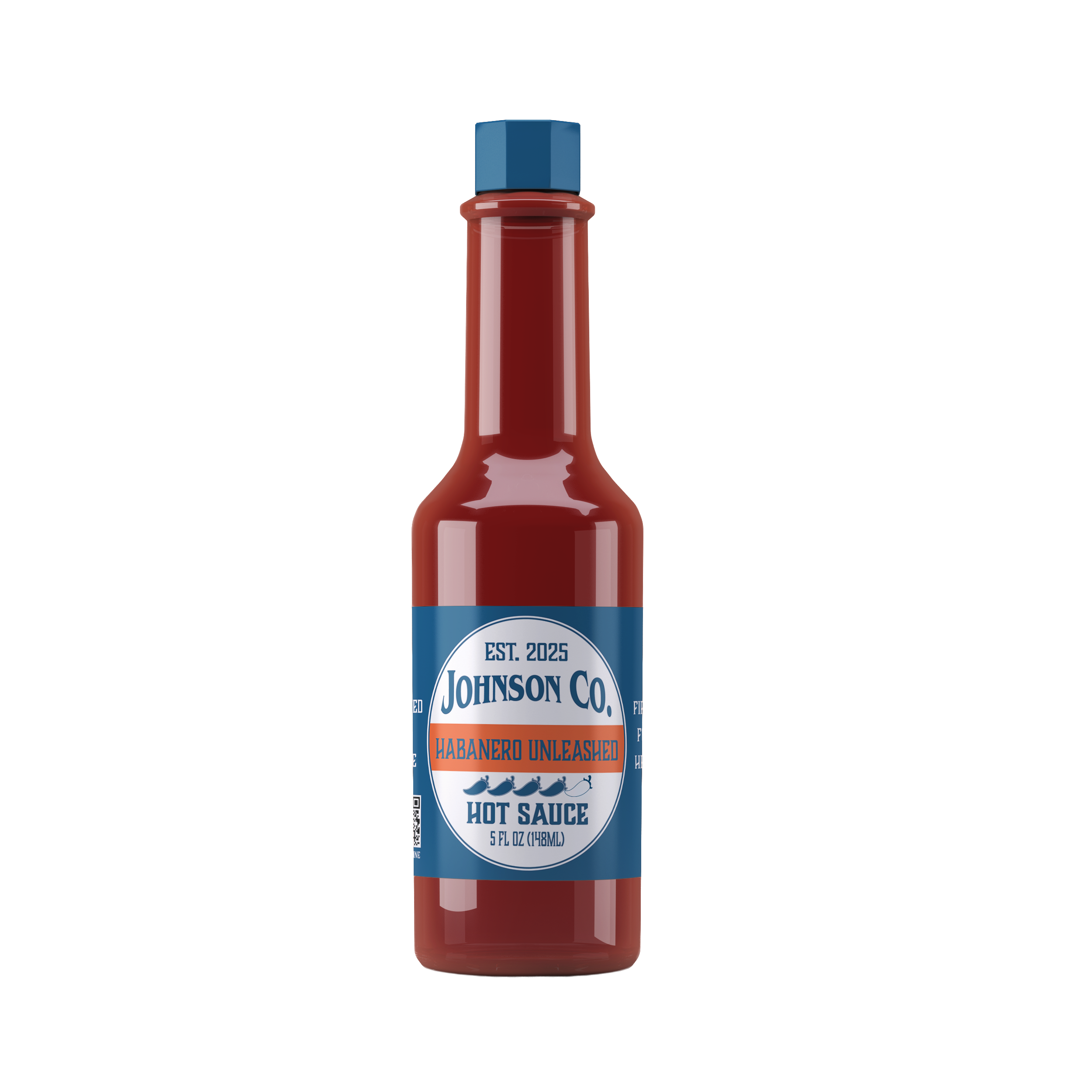 Bottle of Johnson Co. hot sauce with a label indicating it is habanero flavor and contains 5 fluid ounces.