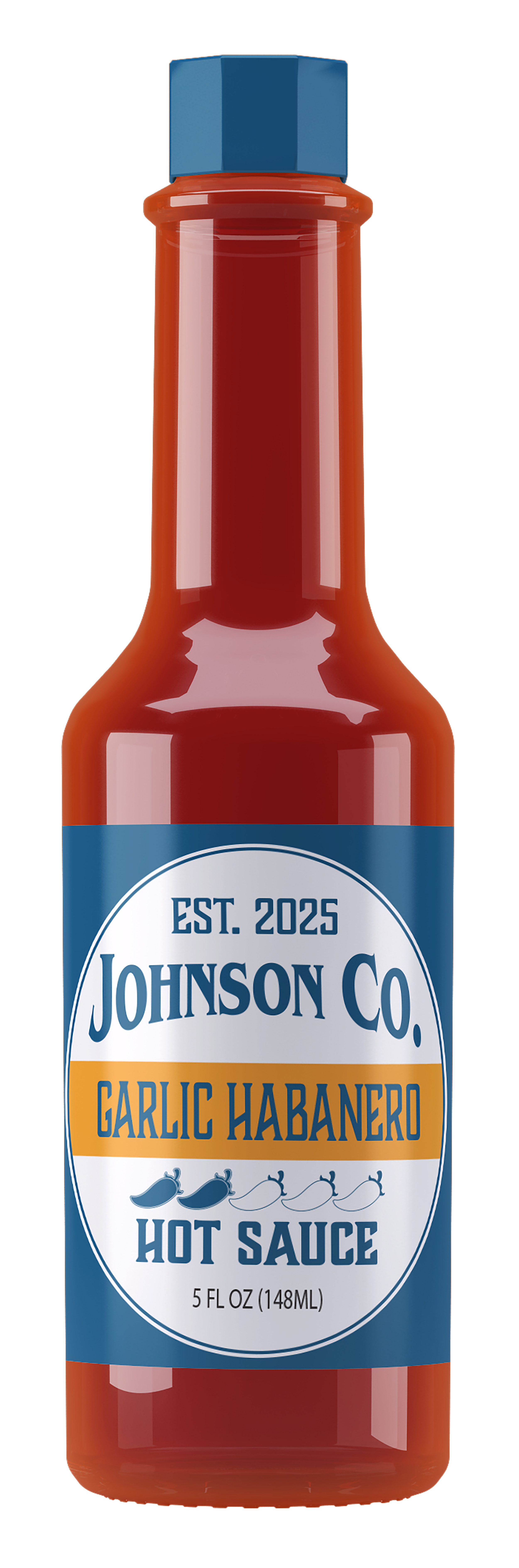 A bottle of Johnson Co.'s garlic habanero hot sauce. The label states it was established in 2025, and it contains 5 fluid ounces (148 ml). The bottle is red with a blue cap and a blue and white label with orange accents.