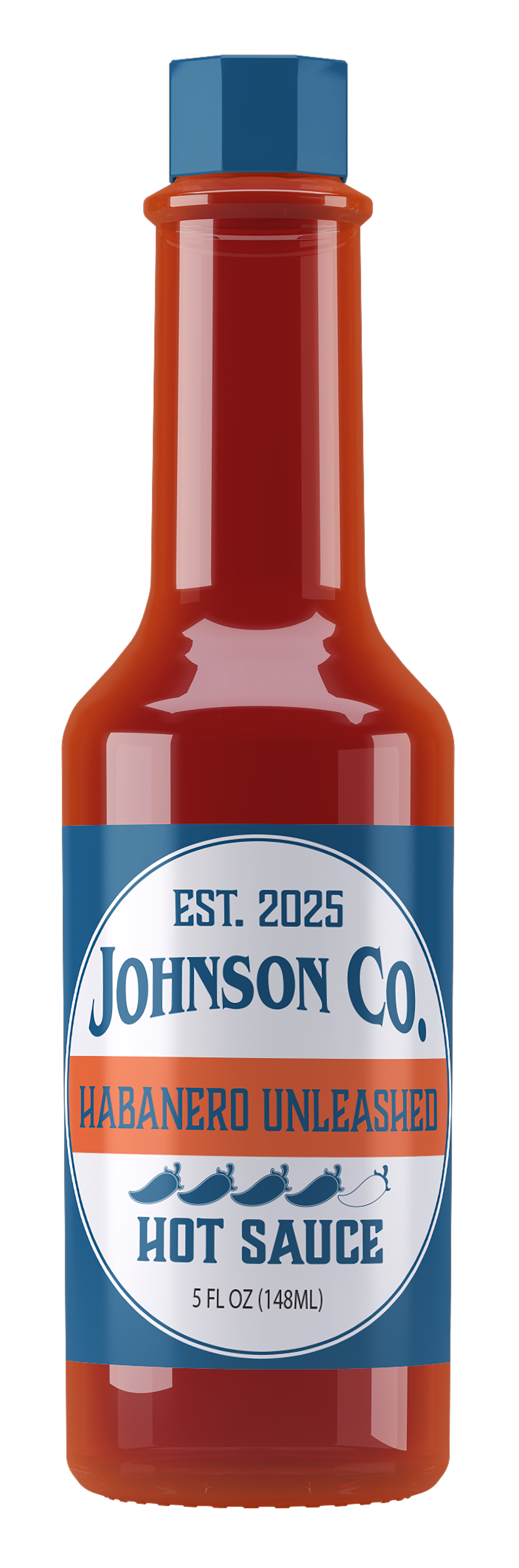 Bottle of hot sauce labeled 'Johnson Co. Habanero Unleashed,' established 2025, 5 fluid ounces, with a blue cap.