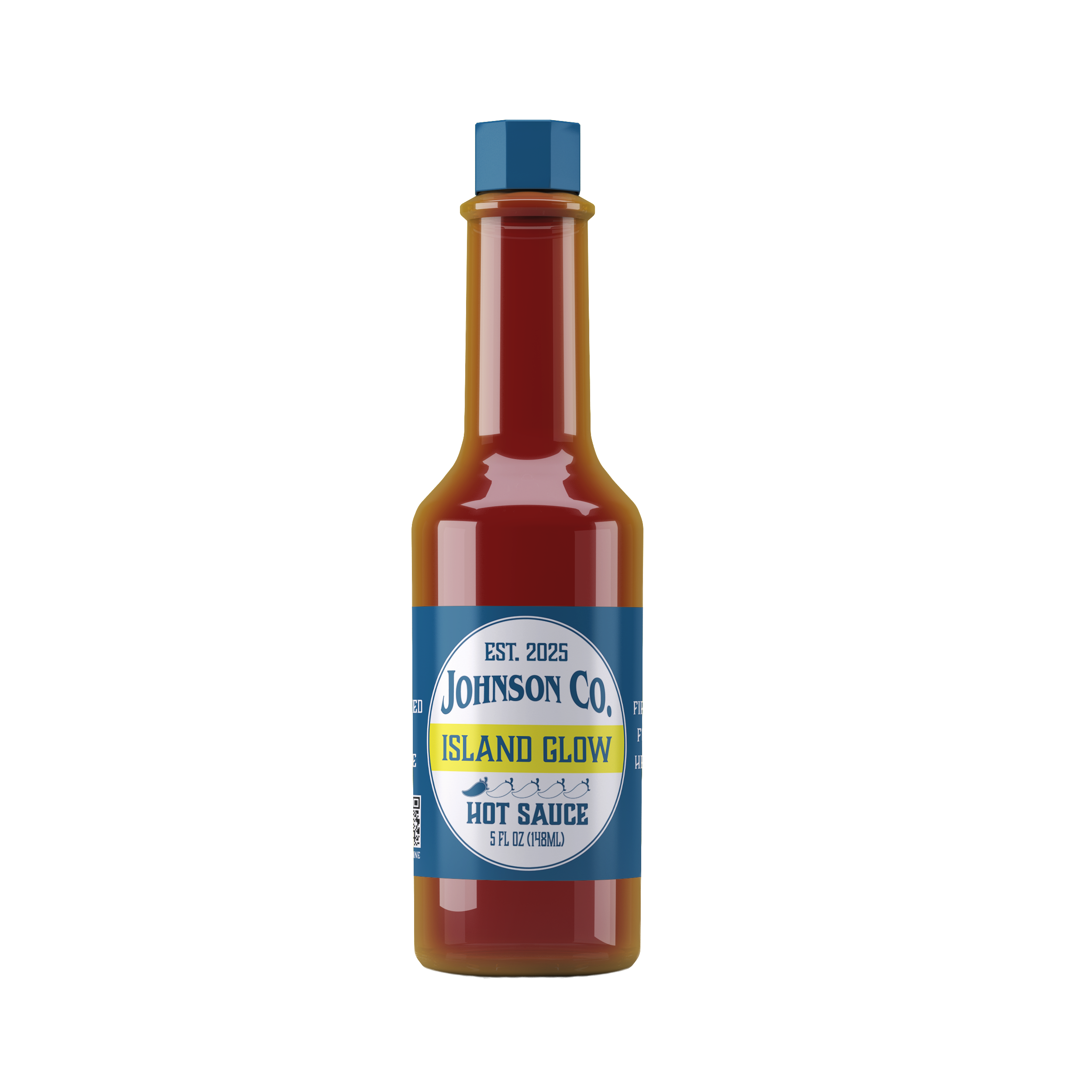 Bottle of Island Glow hot sauce with a blue and white label and red liquid inside.