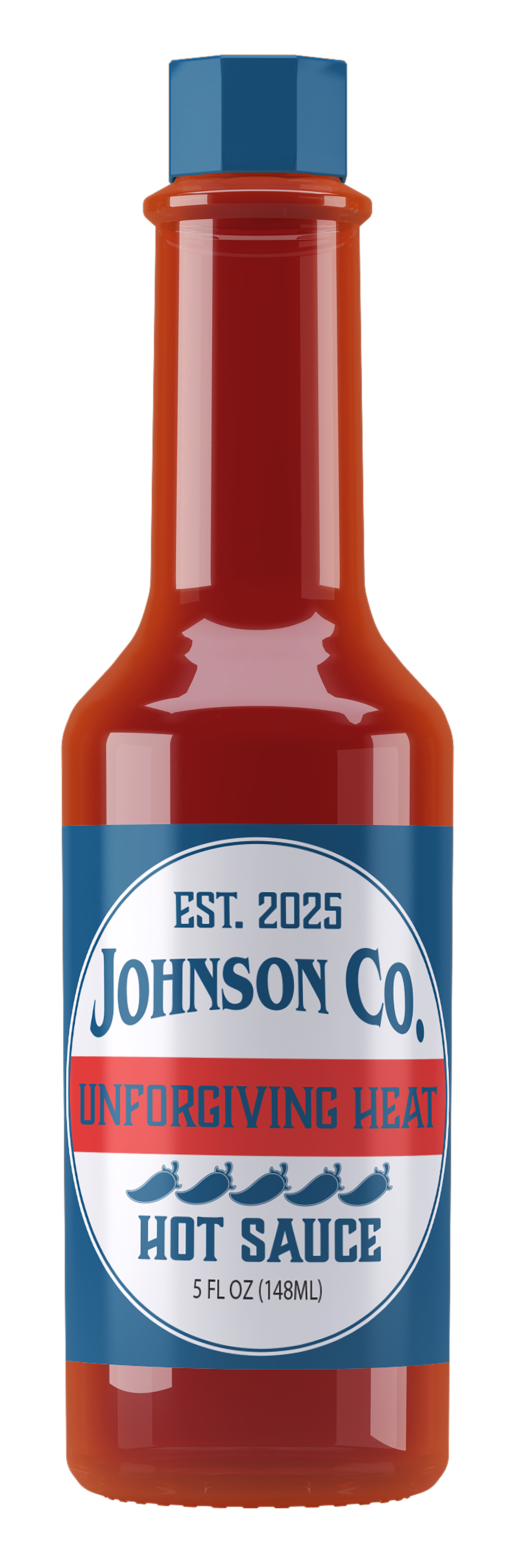 Red hot sauce bottle with a blue cap, label reads 'Johnson Co., Unforgiving Heat, Hot Sauce, Est. 2025, 5 fl oz (148ml)'.