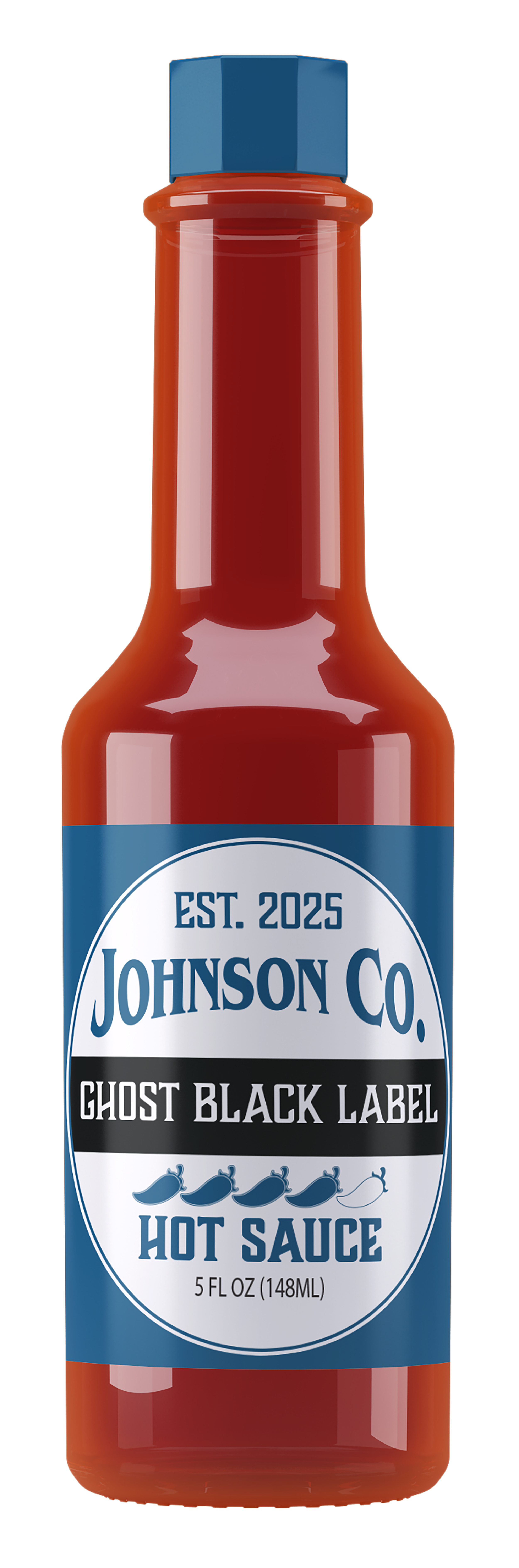 Hot sauce bottle labeled 'Johnson Co. Ghost Black Label', established 2025, 5 fl oz (148 ml).