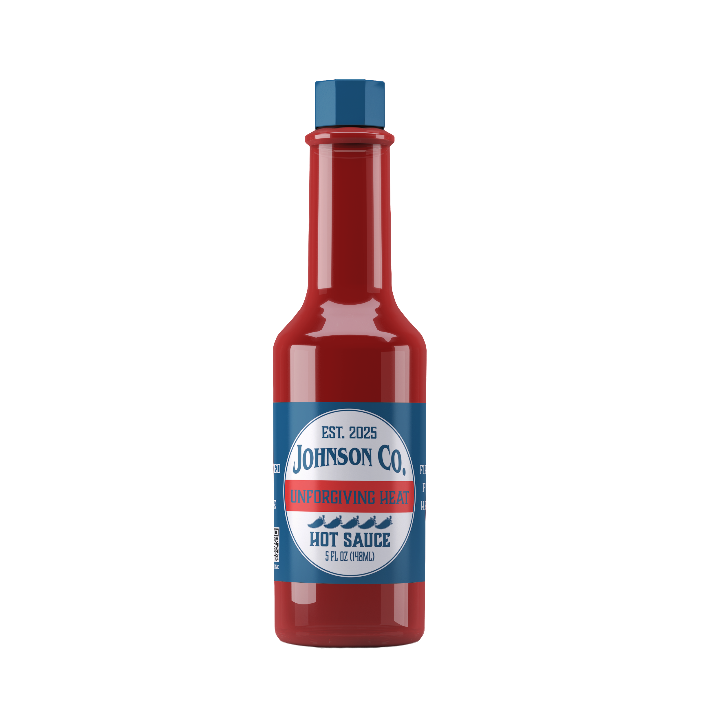A bottle of Johnson Co. hot sauce labeled "Unforgiving Heat" and "Hot Sauce" with a red and blue design.