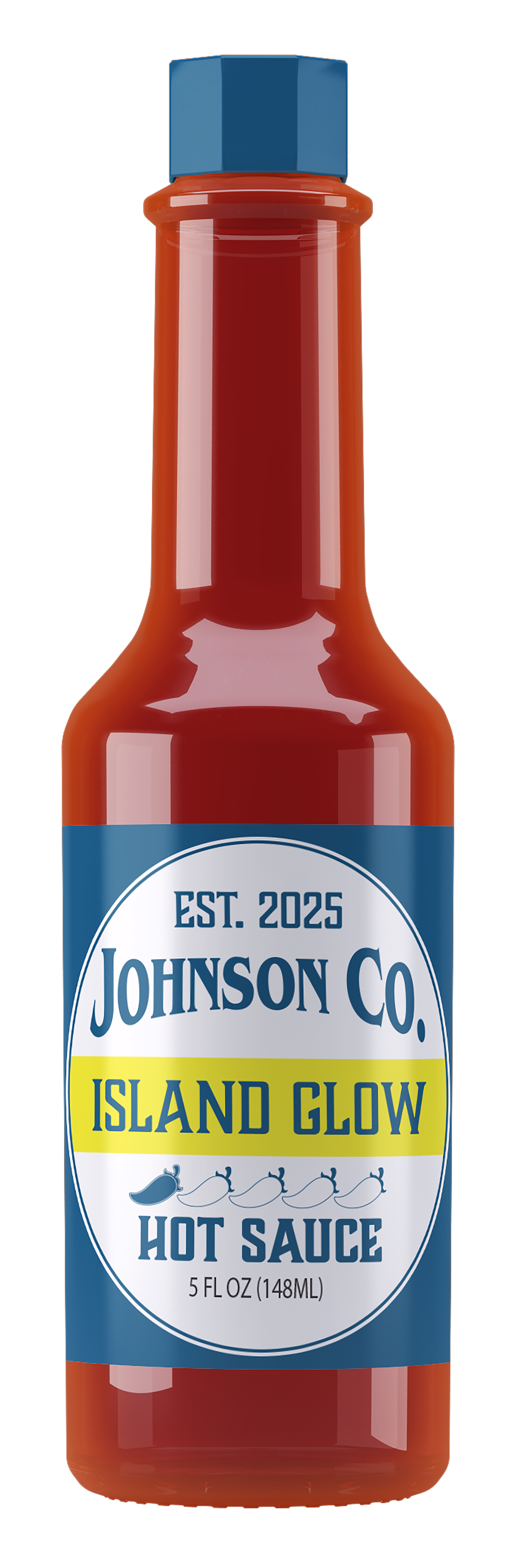 A red bottle of hot sauce labeled 'Johnson Co. Island Glow Hot Sauce, est. 2025, 5 fl oz.' with a blue cap.
