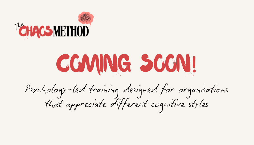 Announcement for a coming training session by the CHAGS Method, focusing on psychology-led training for organizations that value different cognitive styles.