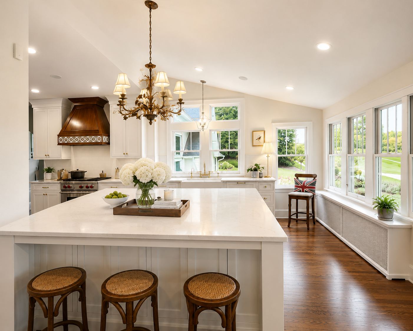 A bright, open-concept kitchen and dining area with hardwood floors, white cabinetry, large windows, and sliding glass doors leading outside. There is a kitchen island with four barstools, a chandelier above, and additional chairs near the windows.