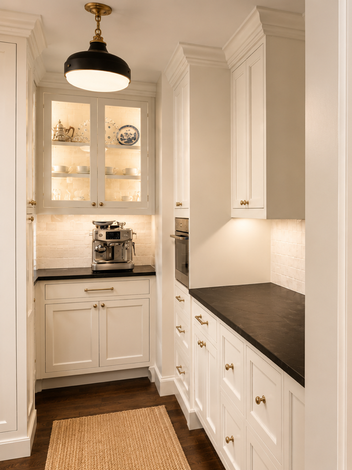 Small corner of a kitchen with white cabinets, black countertop, and various kitchen items. Hardwood flooring and a small beige rug in the foreground.