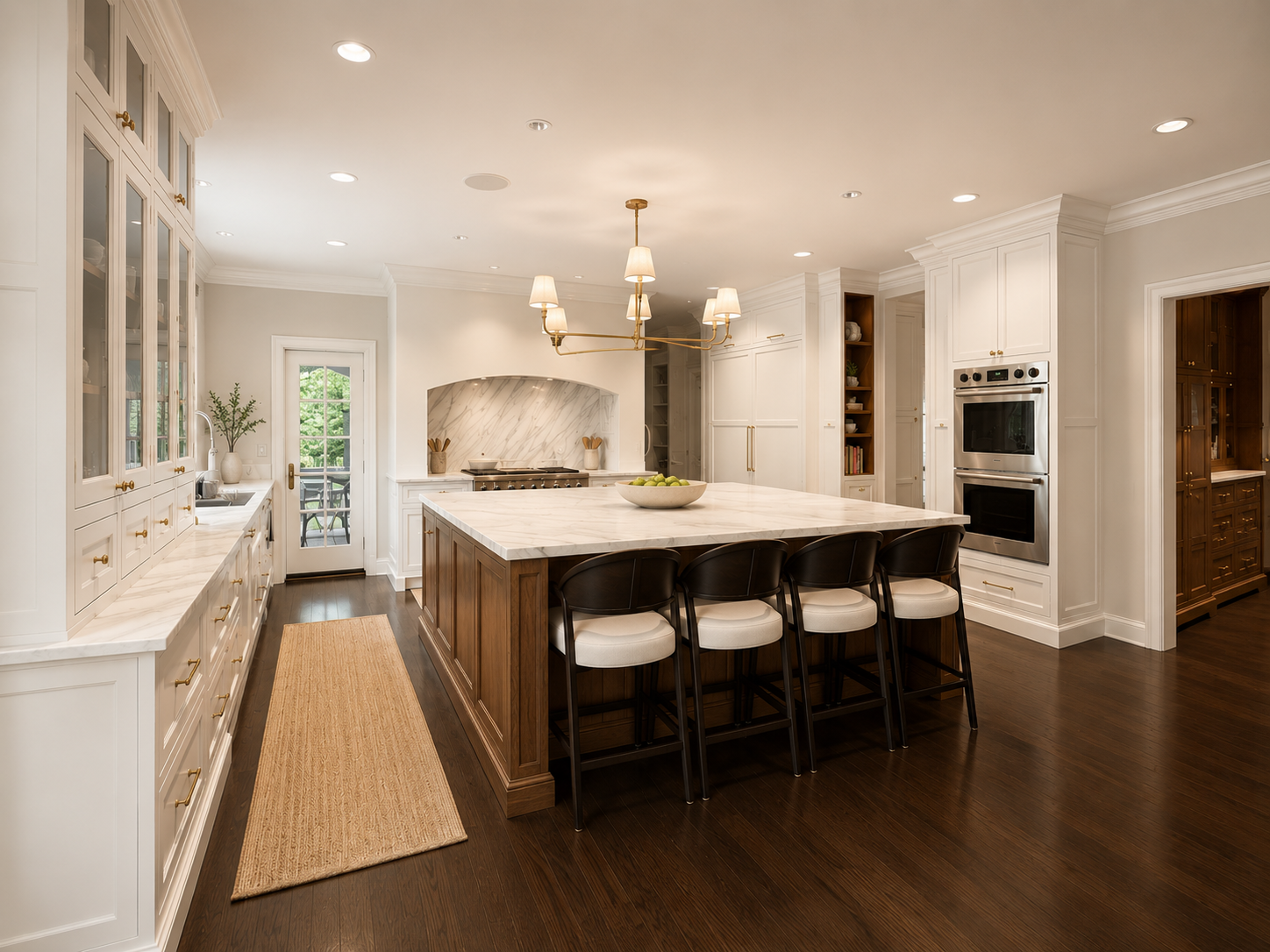 Spacious, modern kitchen with white cabinetry, marble countertops, and a large island with four black and white chairs. Hardwood floors, built-in double oven, and a dog walking across the floor.