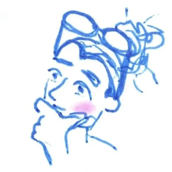 Blue ink illustration of a woman's head with her glasses pushed up onto her head, hand at her chin in a thoughtful pose.