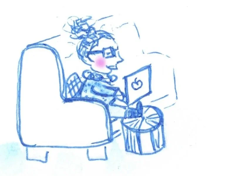 Blue ink drawing of a woman on a couch with her legs up, working on a laptop.