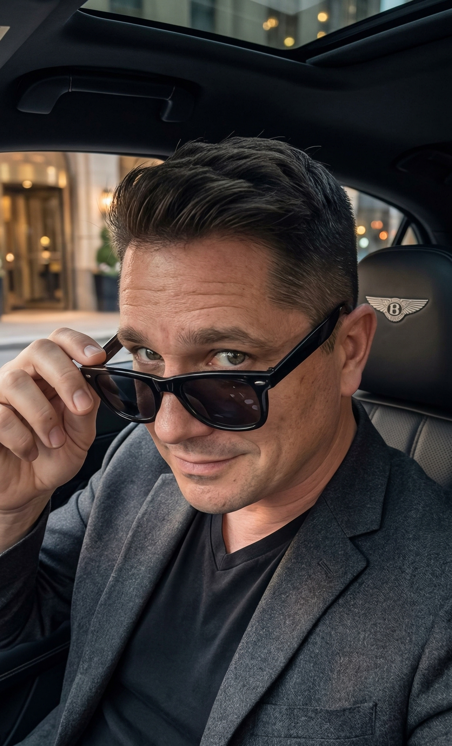 A man with dark hair, wearing a gray blazer and black shirt, sitting inside a  car, adjusting black sunglasses and looking at the camera.