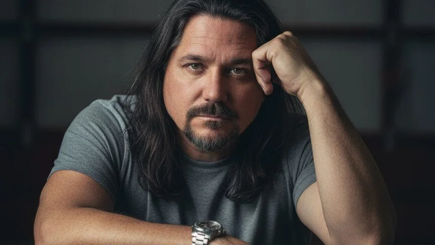 Bob Rayhart with long dark hair and a beard, wearing a gray t-shirt, sitting with his head resting on his hand, looking directly at the camera in a dimly lit indoor environment.