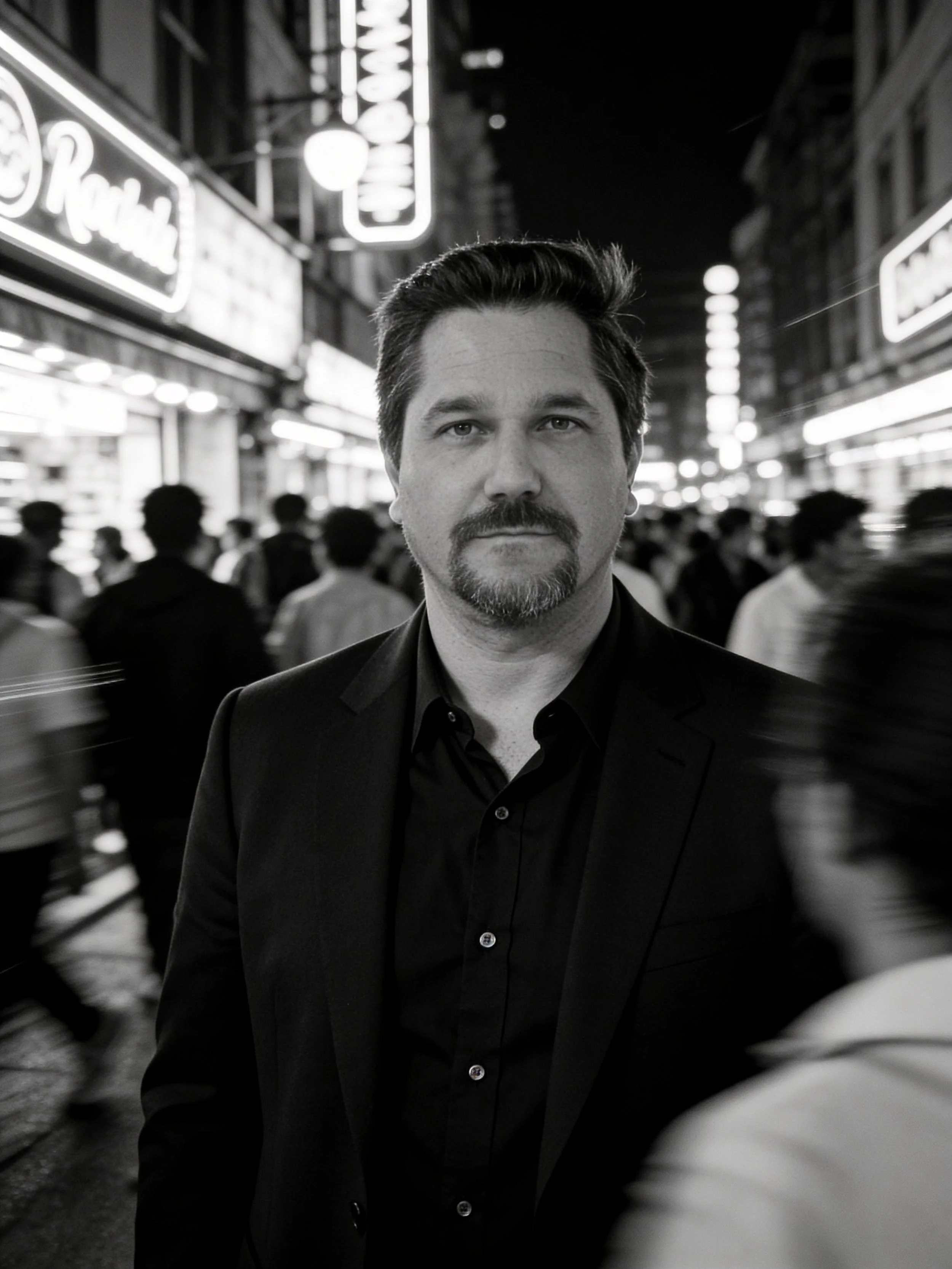 Bob Rayhart with a beard and mustache in a black blazer and black shirt standing on a busy city street at night, with neon signs and people walking in the background, black and white photo.