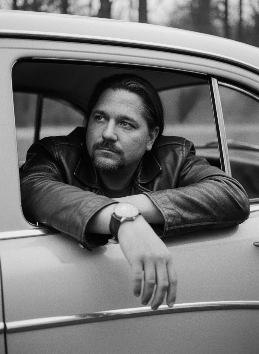 Bob Rayhart with long hair and a beard looks out from an open window of a vintage car, wearing a leather jacket and a watch.