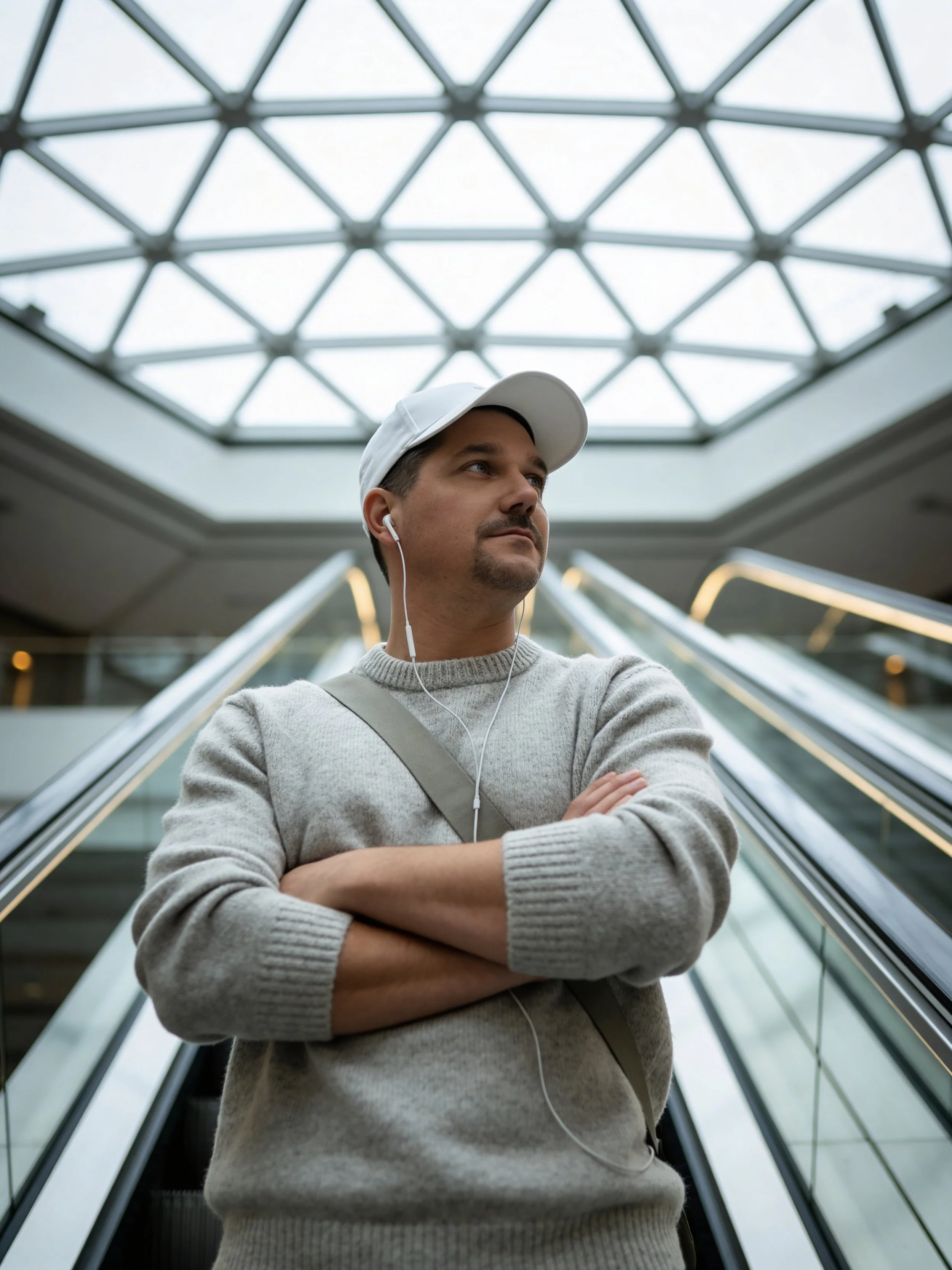 Bob Rayhart standing on an escalator inside a modern building with a glass ceiling, wearing a beige sweater, white cap, and earphones.