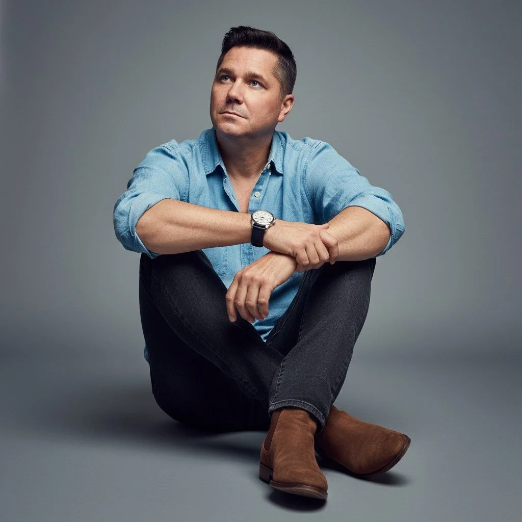 Bob Rayhart dressed in a blue button-up shirt, dark jeans, and brown boots, sitting on the floor with one knee bent and the other leg crossed, against a gray background.
