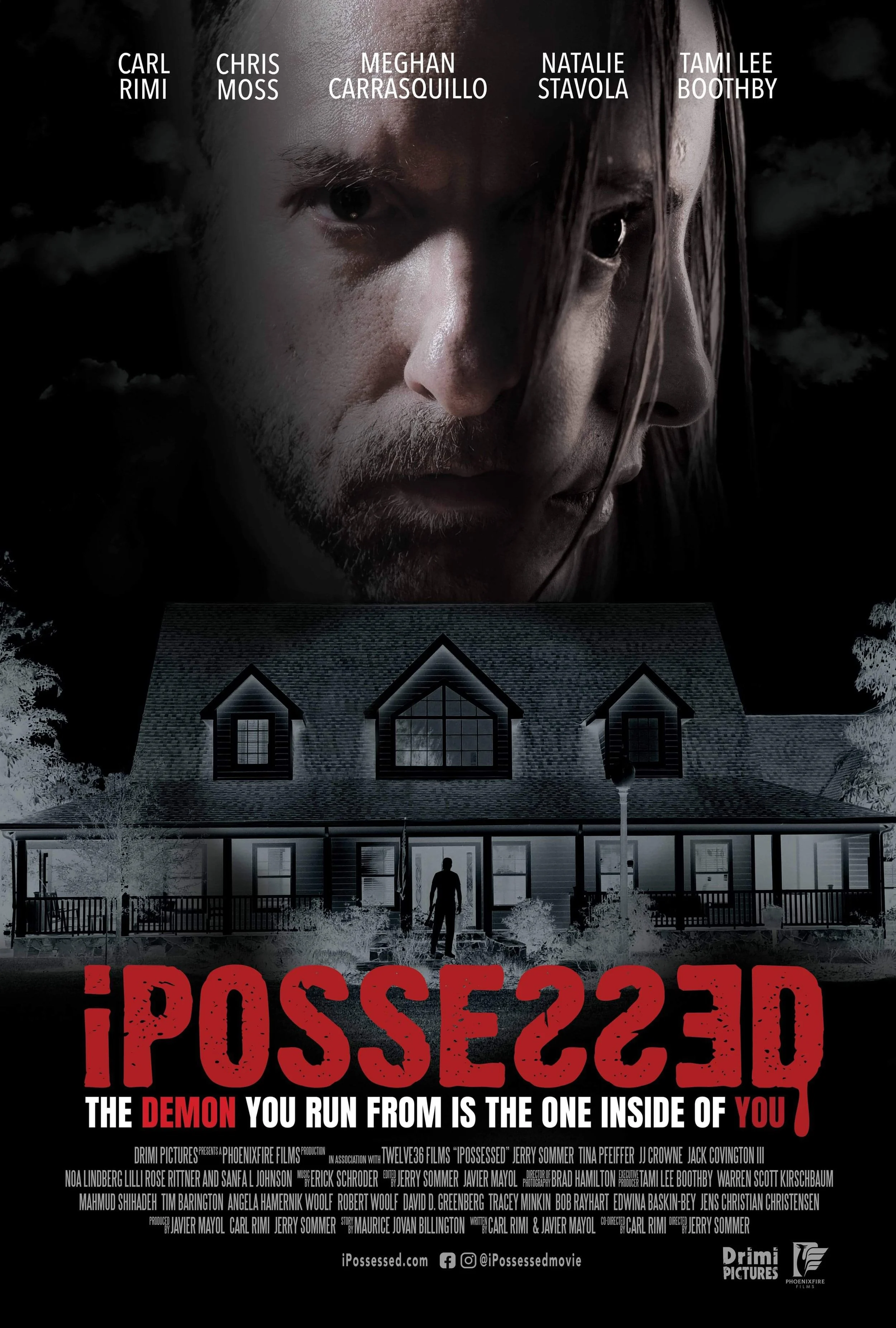 Poster for the movie 'Possessed' featuring a large close-up of a man's face with intense expression above a dark house with a silhouette of a person in front, and the title 'POSSESSED' in bold red letters at the bottom.