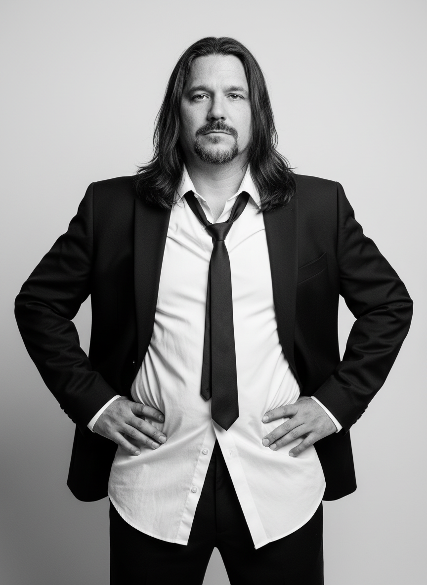 Black and white photo of Bob Rayhart with long hair, beard, and mustache wearing a suit with an untied tie and a white unbuttoned dress shirt, standing with hands on his hips against a plain background.