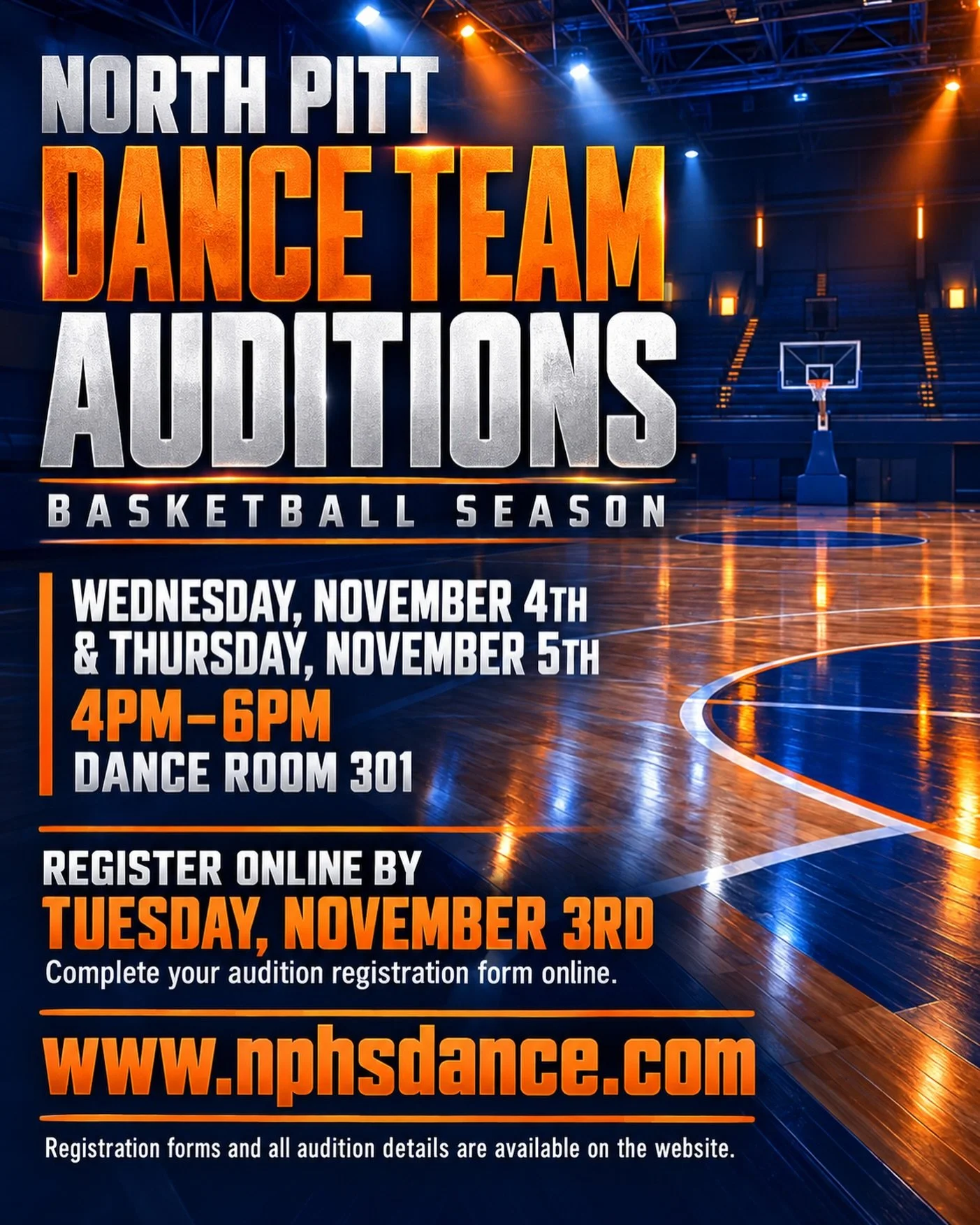 NORTH PITT DANCE TEAM AUDITIONS ARE HERE!

🐾🏀 It&rsquo;s time to bring the ENERGY, the TALENT, and the TEAM SPIRIT! Don&rsquo;t miss your chance to become part of the North Pitt Dance Team!

📅 AUDITION DATES:
Wednesday, November 4th &amp; Thursday