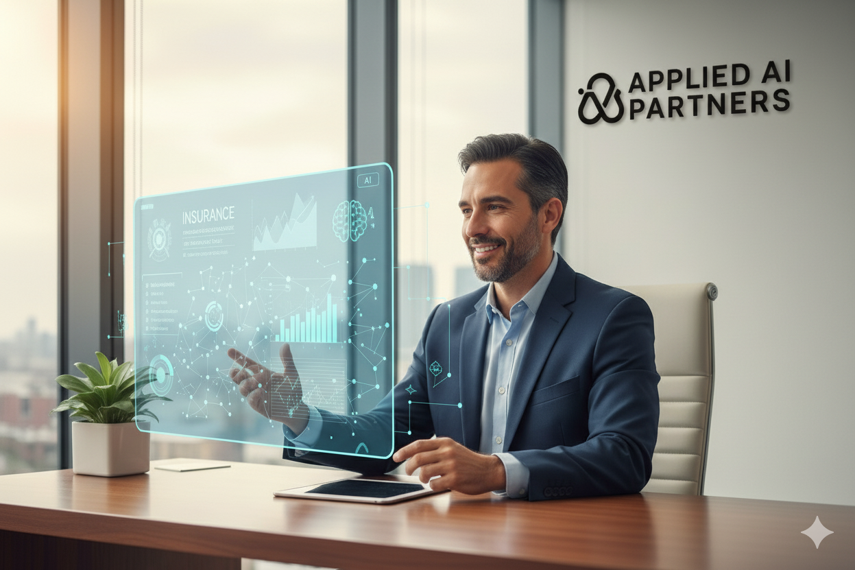 A man in a business suit sitting at a desk in an office with large windows, using a transparent holographic screen displaying data and graphs with the words 'Insurance' and 'AI'. The office has a plant on the desk and a sign on the wall reads 'Applied AI Partners'.