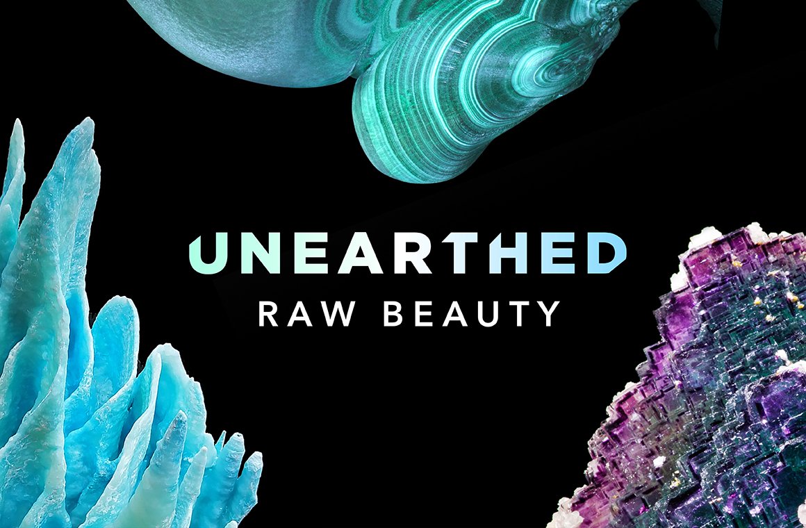 Unearthed Raw Beauty graphic featuring three mineral images