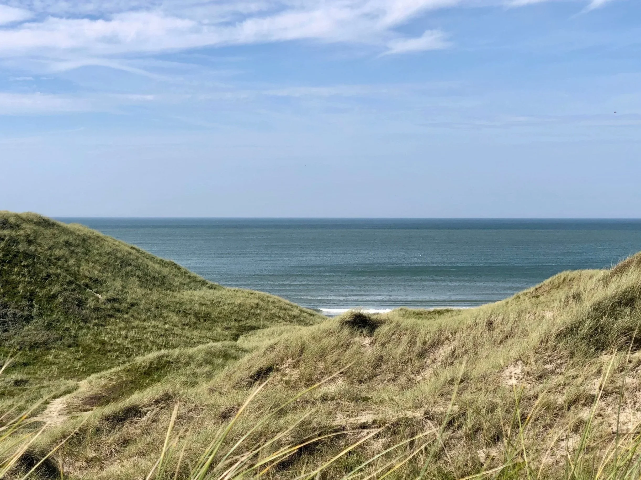 Blick auf Grashügel, Meer und Himmel mit Wolken