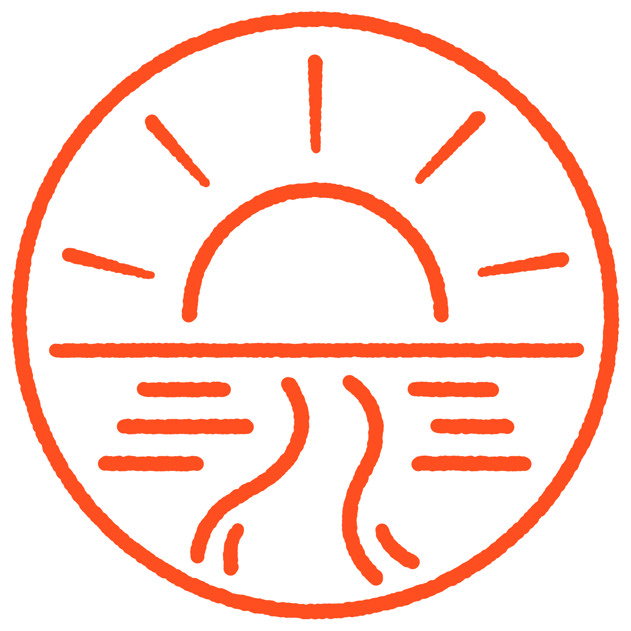 Ein Kreis mit einem Sonnenaufgang über Wasser, mit Wellen unterhalb und einem Weg, der durch die Mitte führt.