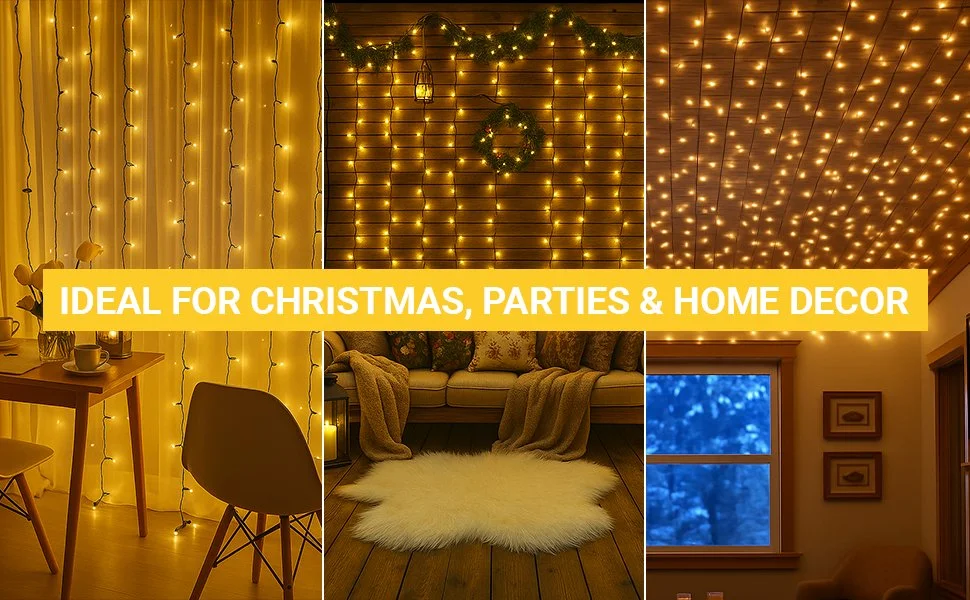 Various Christmas and home decor string lights in different settings, including hanging vertical lights, ceiling lights, and window lighting, with cozy indoor furnishings.