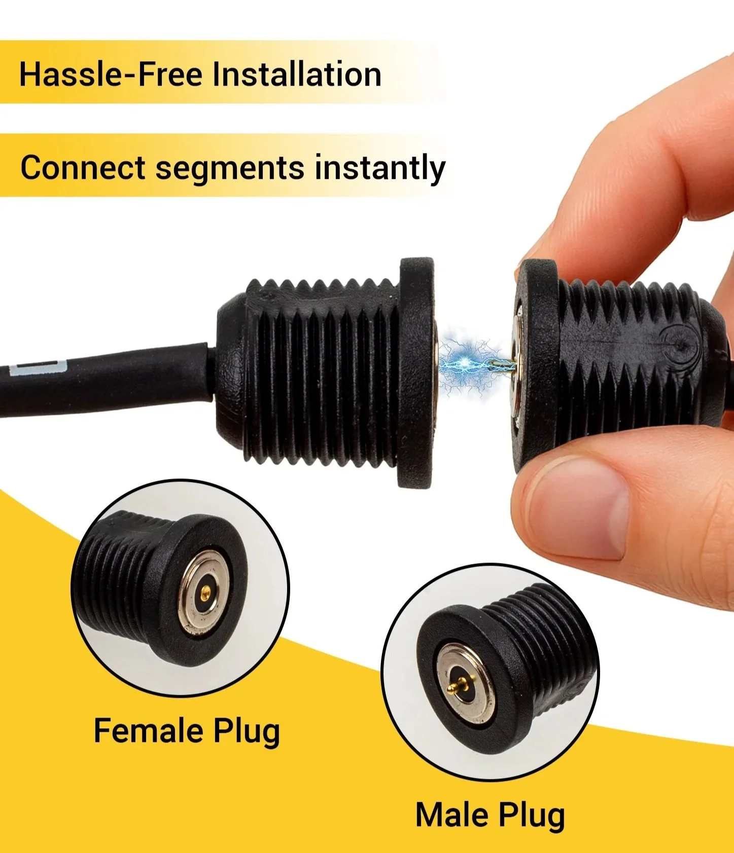 A hand connecting a male and female plug to show a hassle-free, instant connection with lightning effect between the connectors, with close-up views of the female and male plugs.
