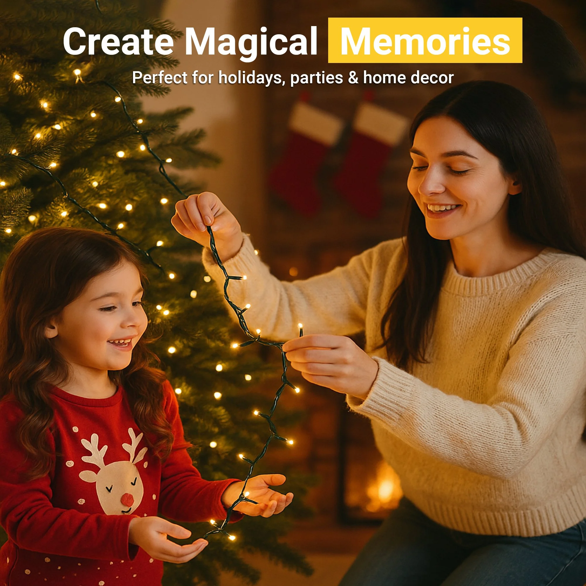 A woman and a young girl decorating a Christmas tree with lights in a cozy living room with stockings hanging in the background.