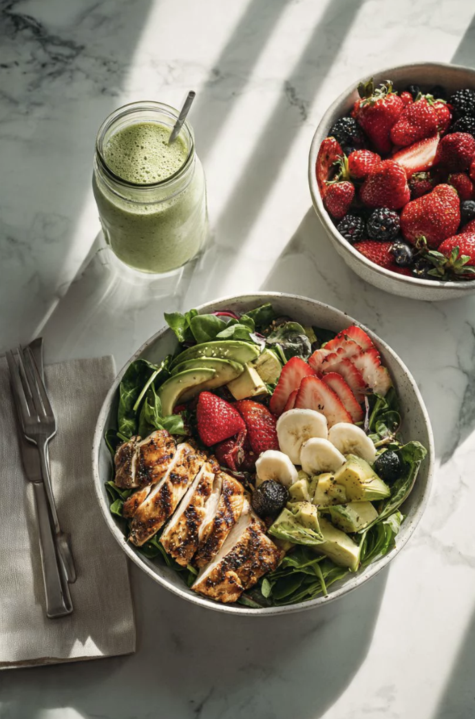 A salad bowl with sliced grilled chicken, strawberries, banana slices, avocado, and greens, accompanied by a side bowl of mixed berries and a glass of green smoothie, set on a marble table.
