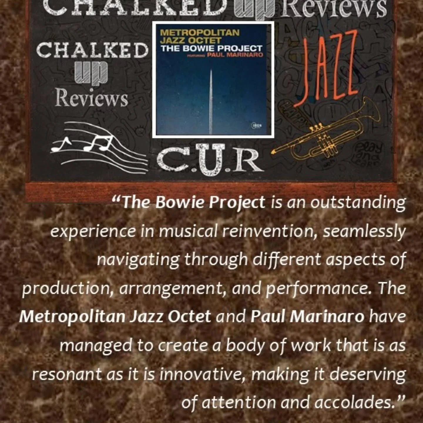 ICYMI... because we did! Just ran across this terrific 2023 review of our album "The Bowie Project." Thanks #chalkedupreviews!
@paulmarinaro @origin_records 
#albumreview #jazz #thebowieproject