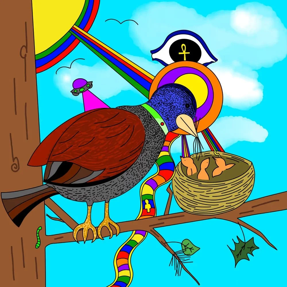 A colorful drawing of a bird sitting on a tree branch with a basket of baby birds. The background features a rainbow, blue sky, and clouds, with various mystical and cosmic symbols.