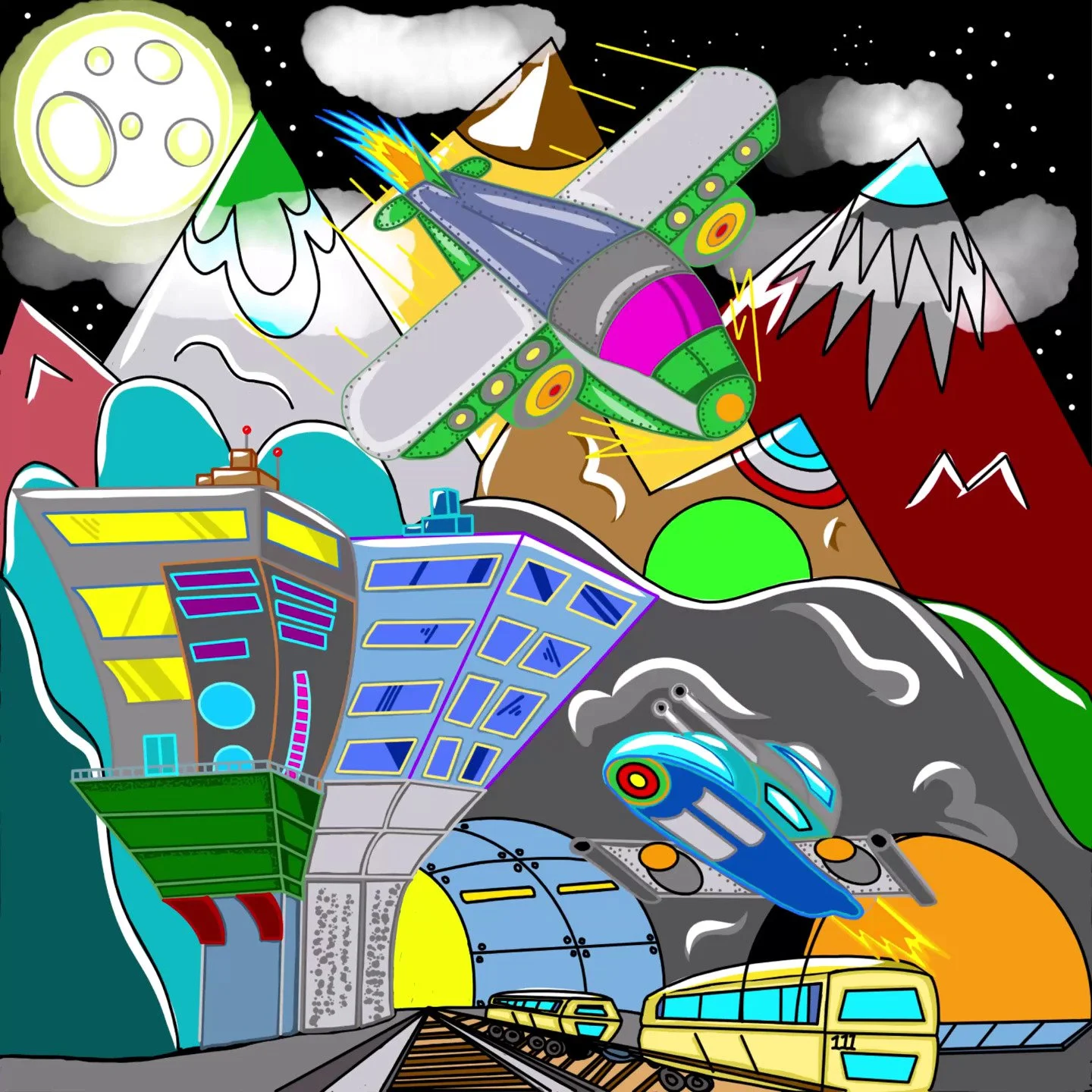 Colorful illustration of a futuristic scene with mountains, a city, airplanes, trains, and a rocket in space.